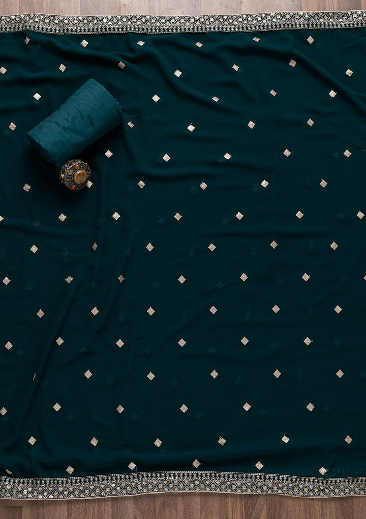 Peacock Blue Sequins Georgette Unstitched Salwar Suit-Koskii