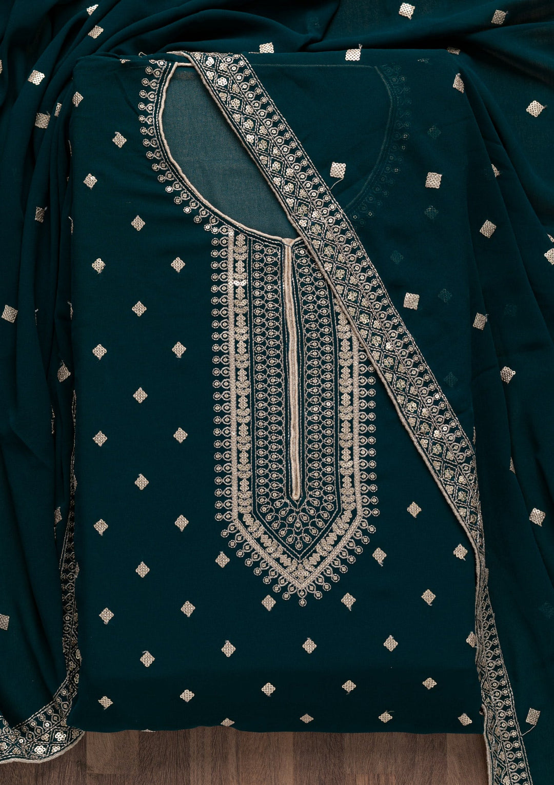 Peacock Blue Sequins Georgette Unstitched Salwar Suit-Koskii