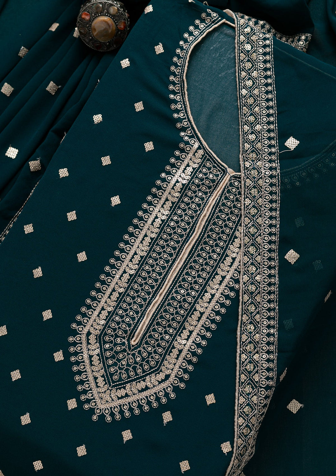 Peacock Blue Sequins Georgette Unstitched Salwar Suit-Koskii