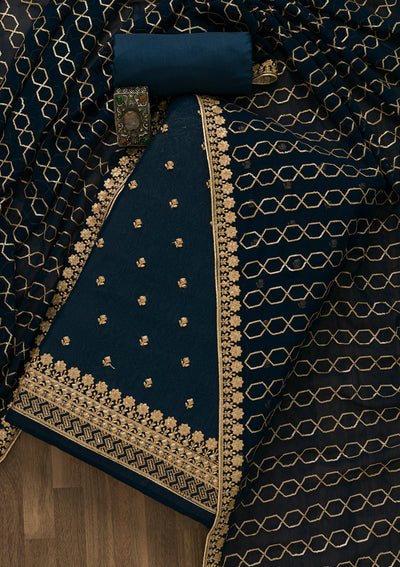 Peacock Blue Sequins Georgette Unstitched Salwar Suit-Koskii