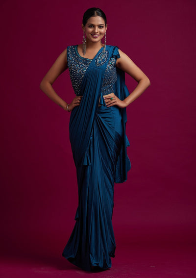 Peacock Blue Sequins Lycra Designer Saree - koskii