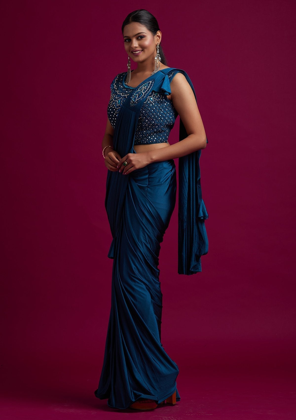 Peacock Blue Sequins Lycra Designer Saree - koskii