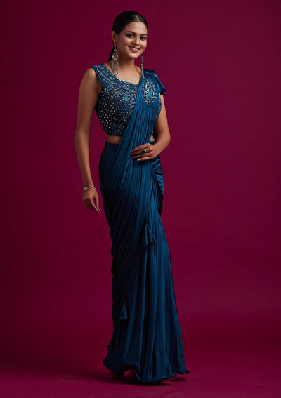 Peacock Blue Sequins Lycra Designer Saree - koskii