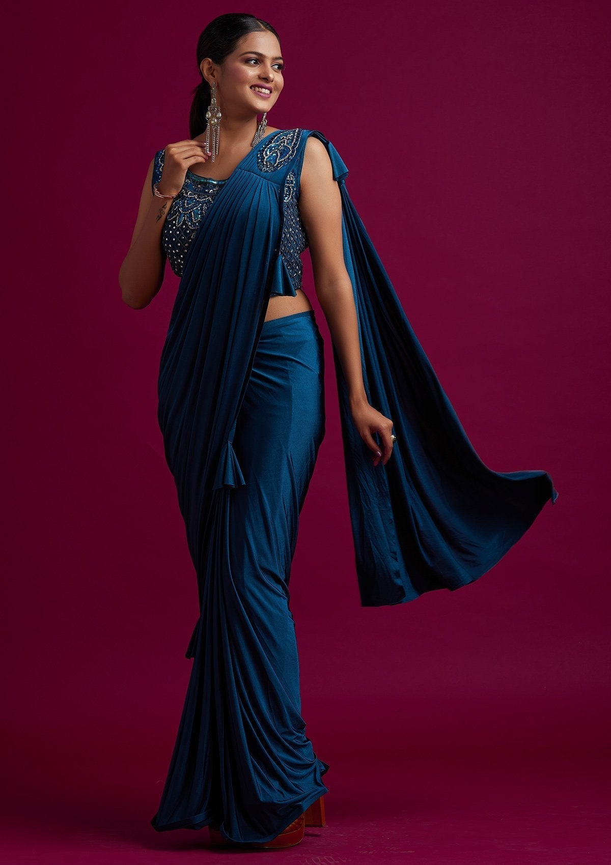 Peacock Blue Sequins Lycra Designer Saree - koskii