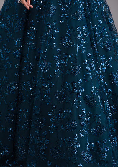 Peacock Blue Sequins Net Designer Gown-Koskii