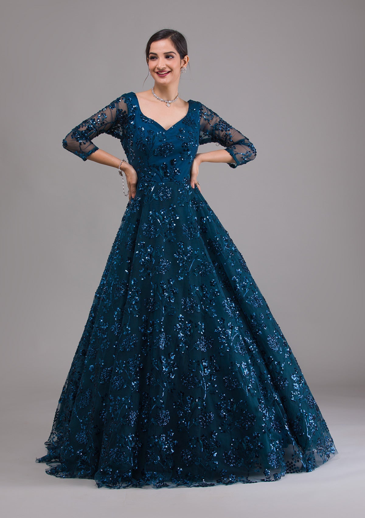 Peacock Blue Sequins Net Designer Gown-Koskii