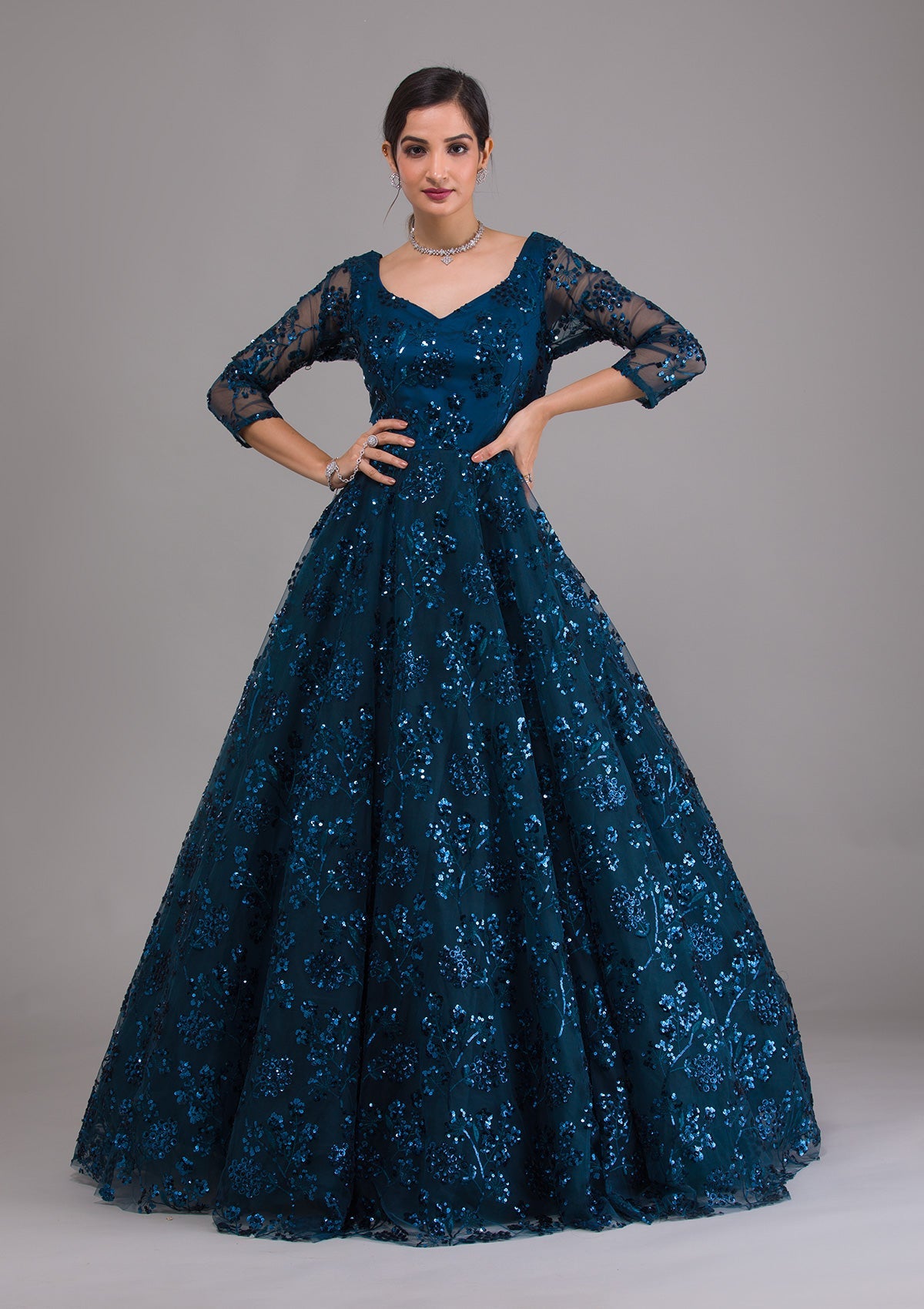 Peacock Blue Sequins Net Designer Gown-Koskii