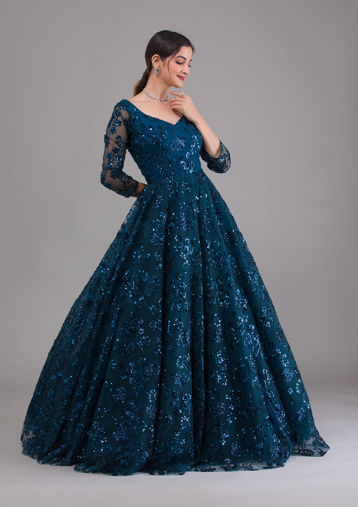 Peacock Blue Sequins Net Designer Gown-Koskii