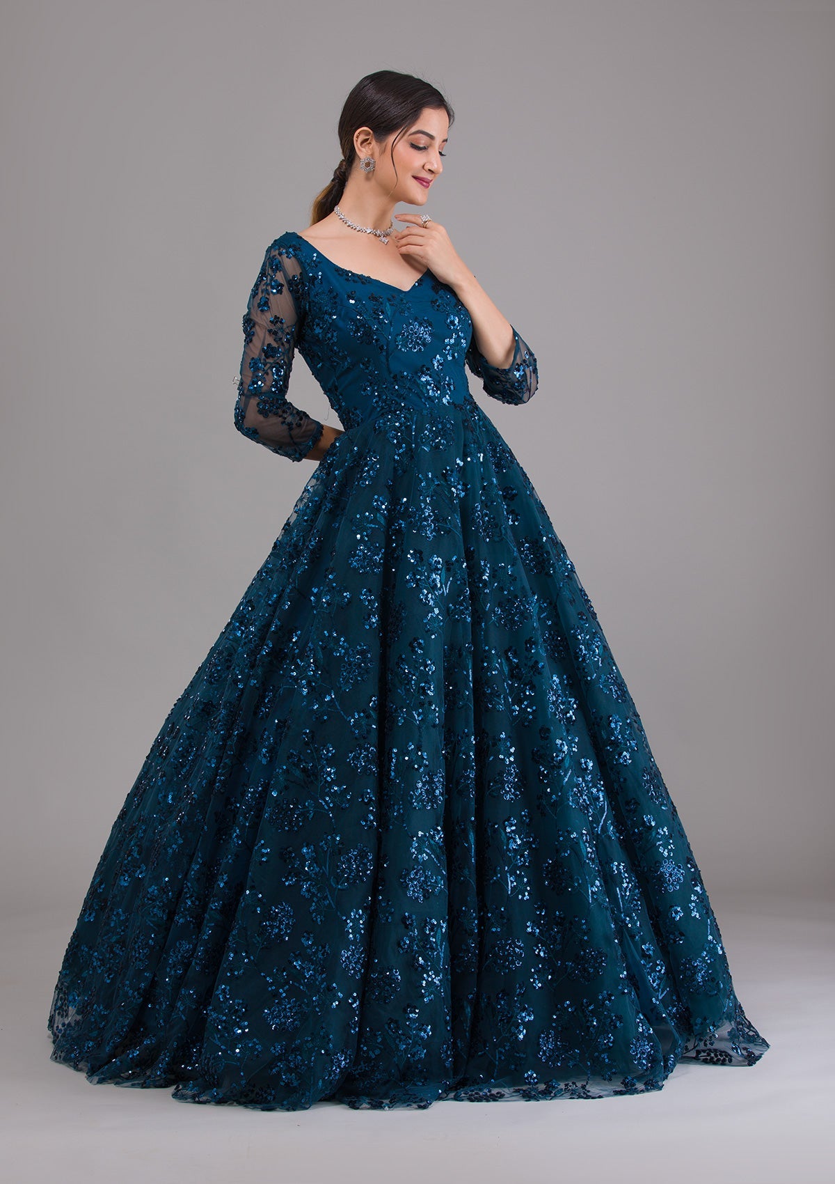 Peacock Blue Sequins Net Designer Gown-Koskii