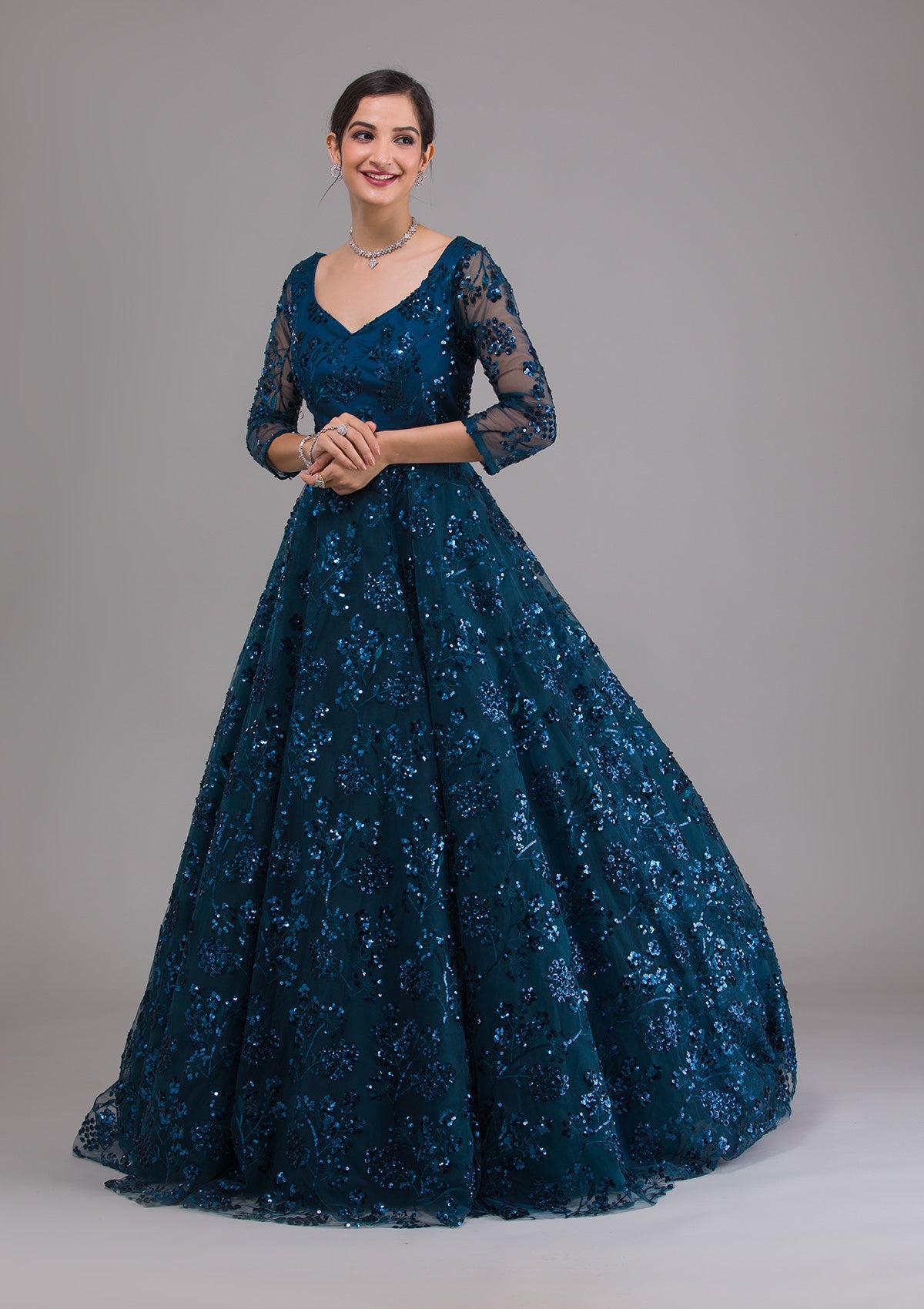 Peacock Blue Sequins Net Designer Gown-Koskii