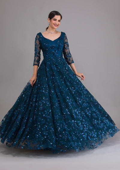 Peacock Blue Sequins Net Designer Gown-Koskii