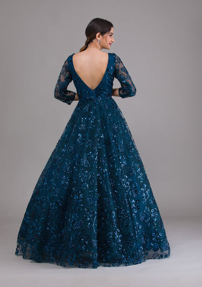 Peacock Blue Sequins Net Designer Gown-Koskii