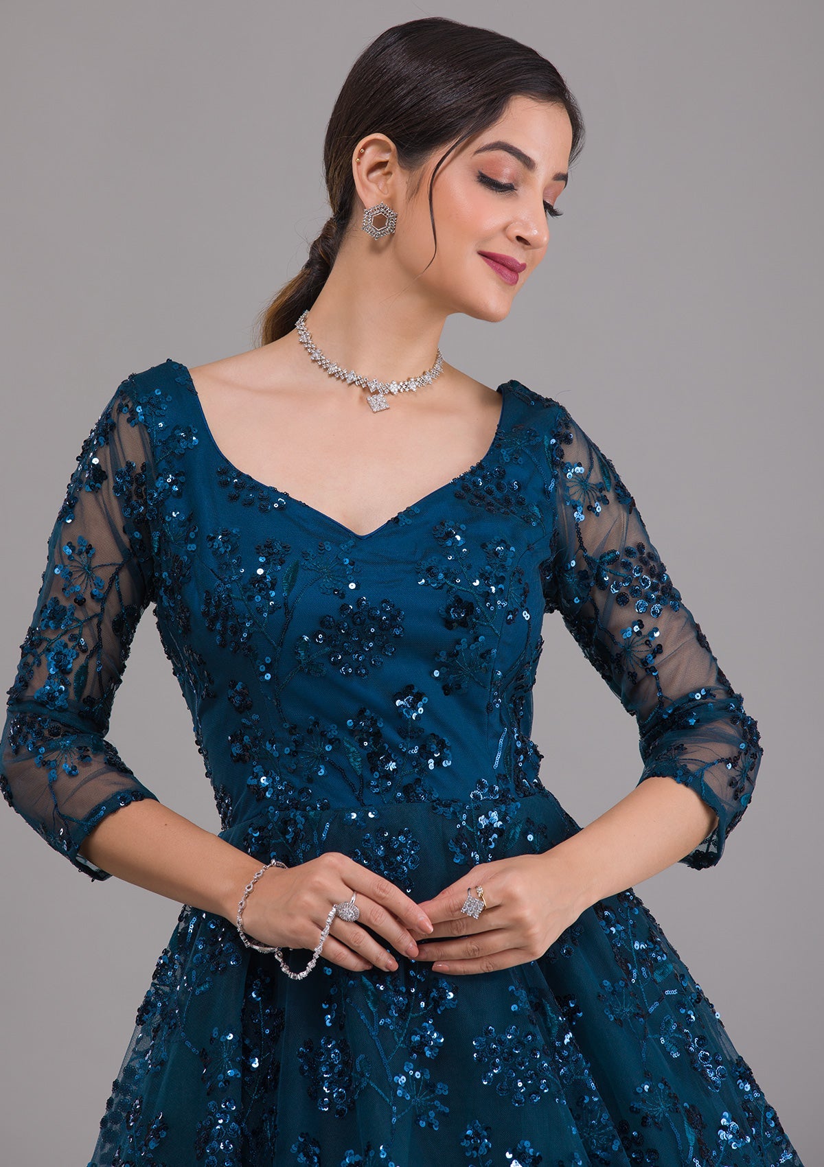 Peacock Blue Sequins Net Designer Gown-Koskii