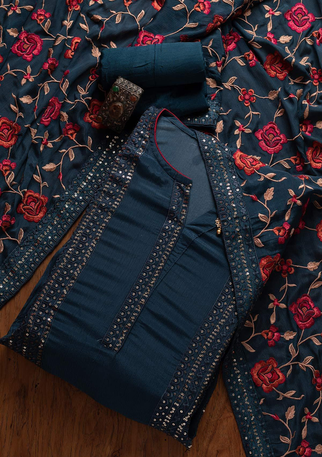 Peacock Blue Sequins Semi Crepe Designer Semi-Stitched Salwar Suit - koskii