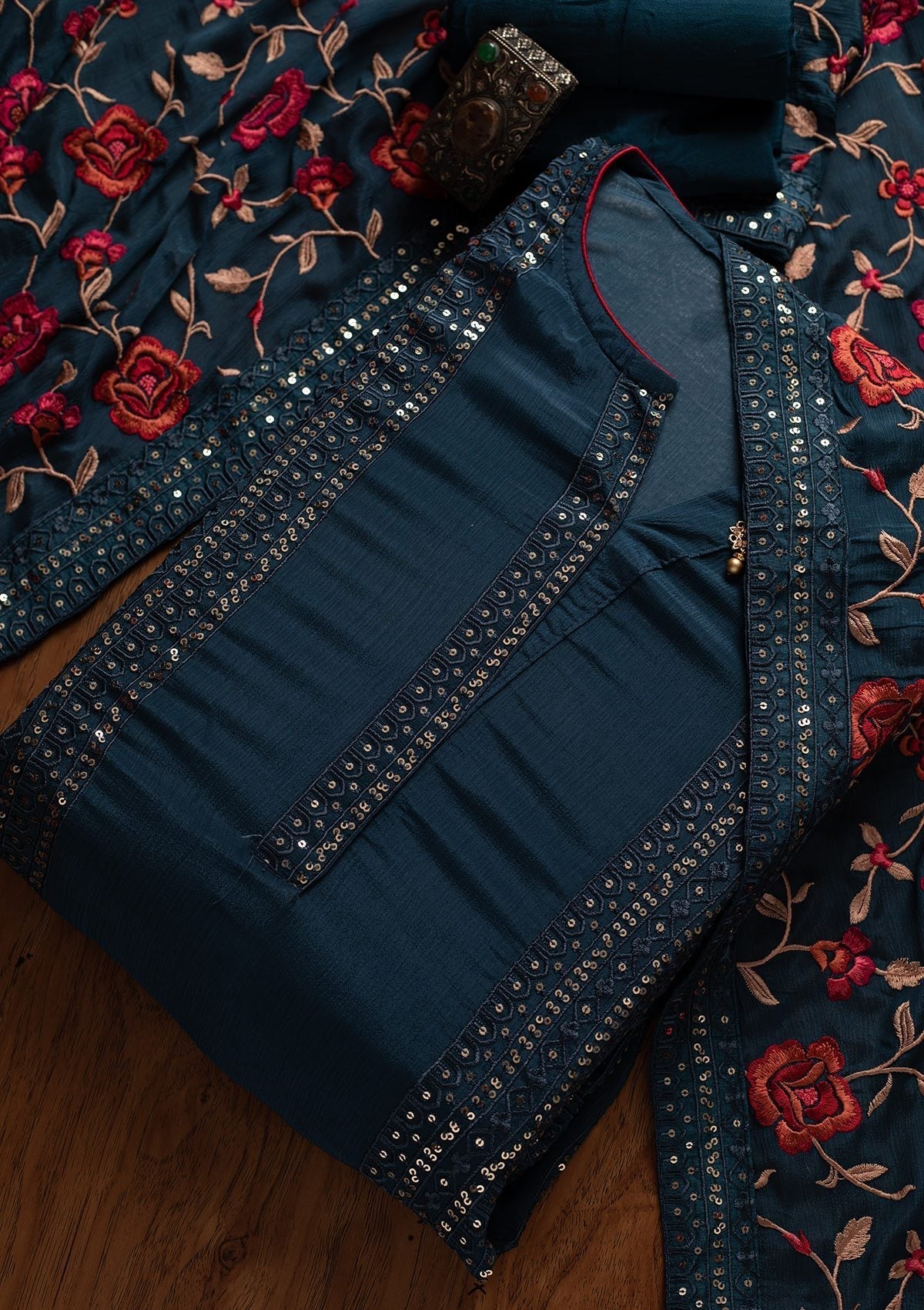 Peacock Blue Sequins Semi Crepe Designer Semi-Stitched Salwar Suit - koskii