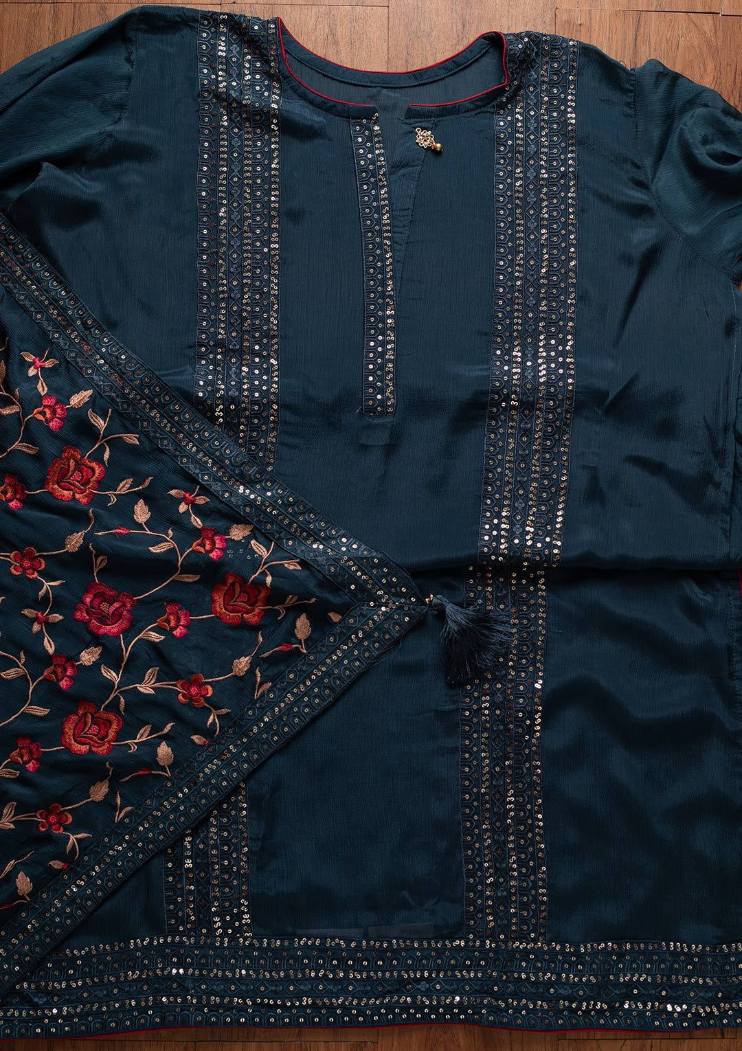 Peacock Blue Sequins Semi Crepe Designer Semi-Stitched Salwar Suit - koskii