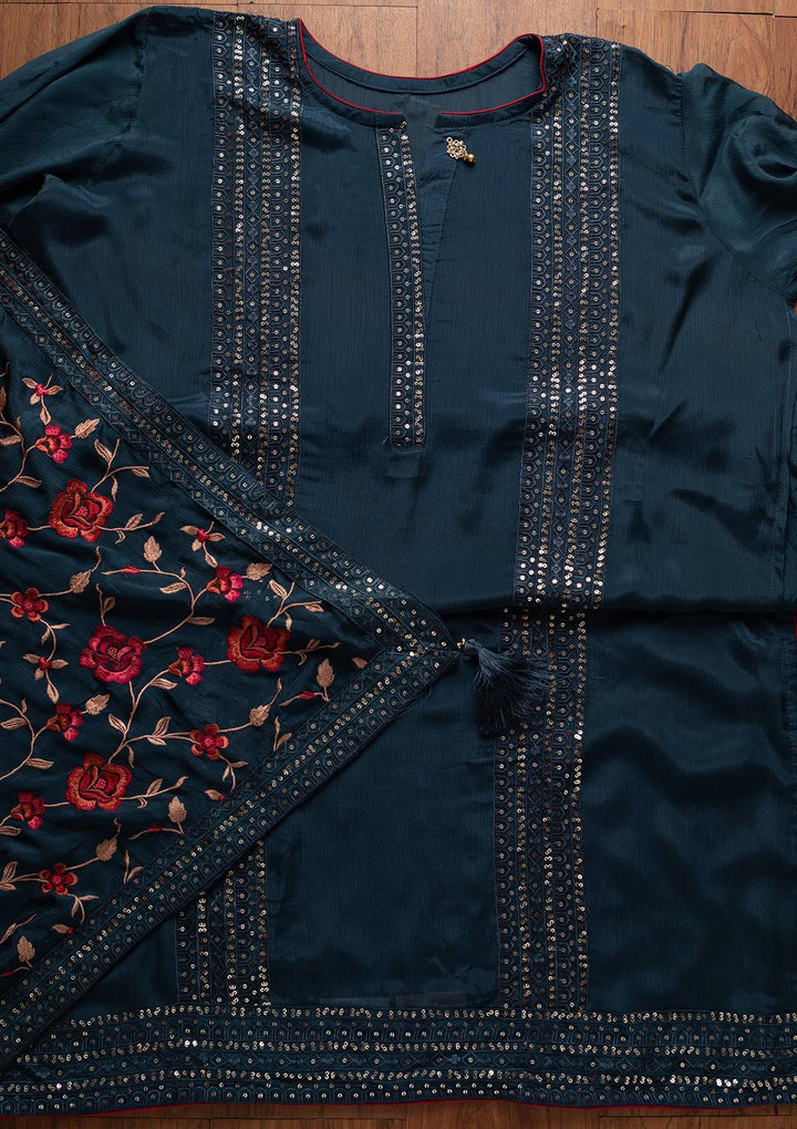 Peacock Blue Sequins Semi Crepe Designer Semi-Stitched Salwar Suit - koskii