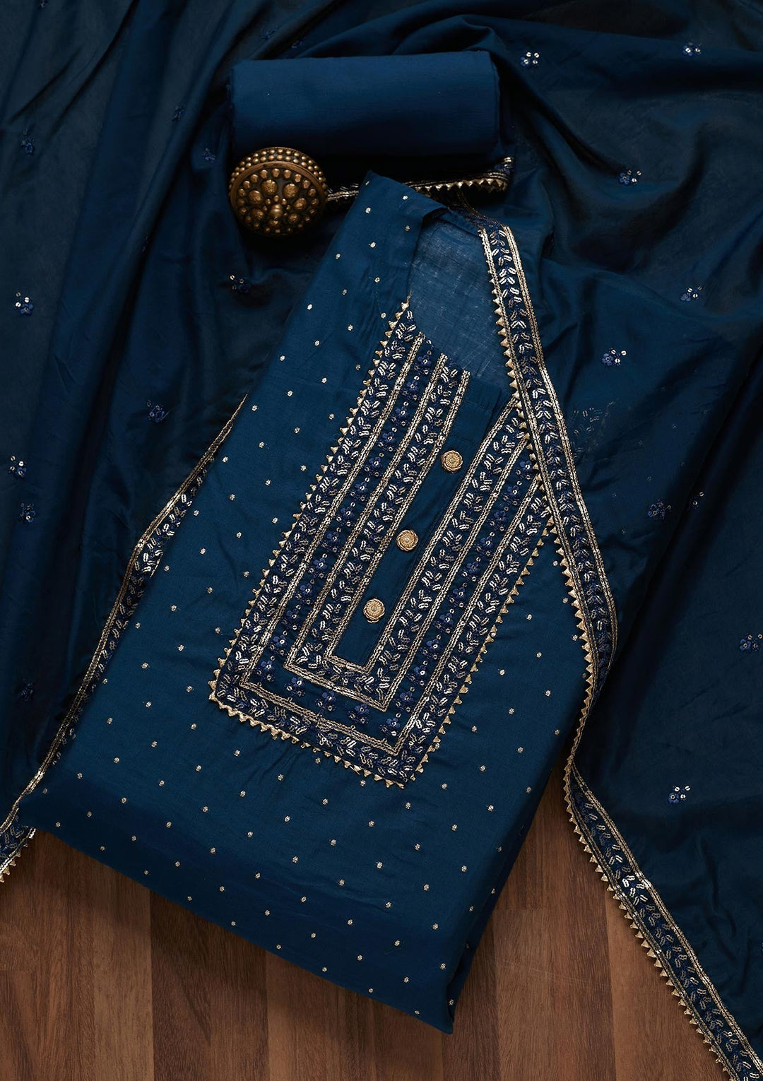 Peacock Blue Sequins Semi Crepe Semi-Stitched Salwar Suit- Koskii