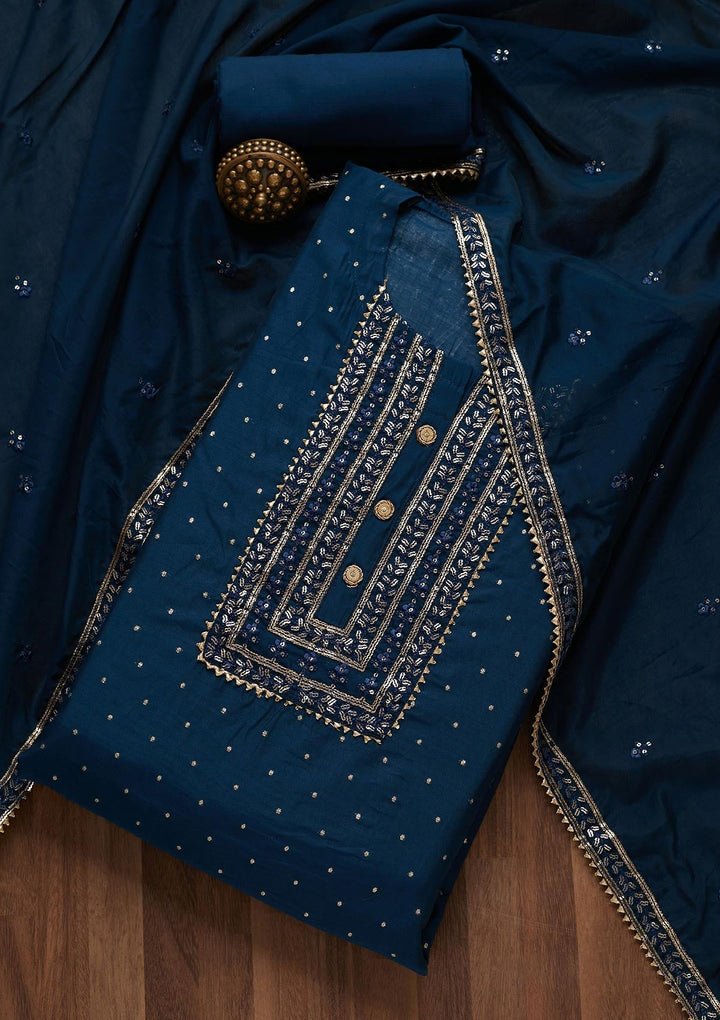 Peacock Blue Sequins Semi Crepe Semi-Stitched Salwar Suit- Koskii