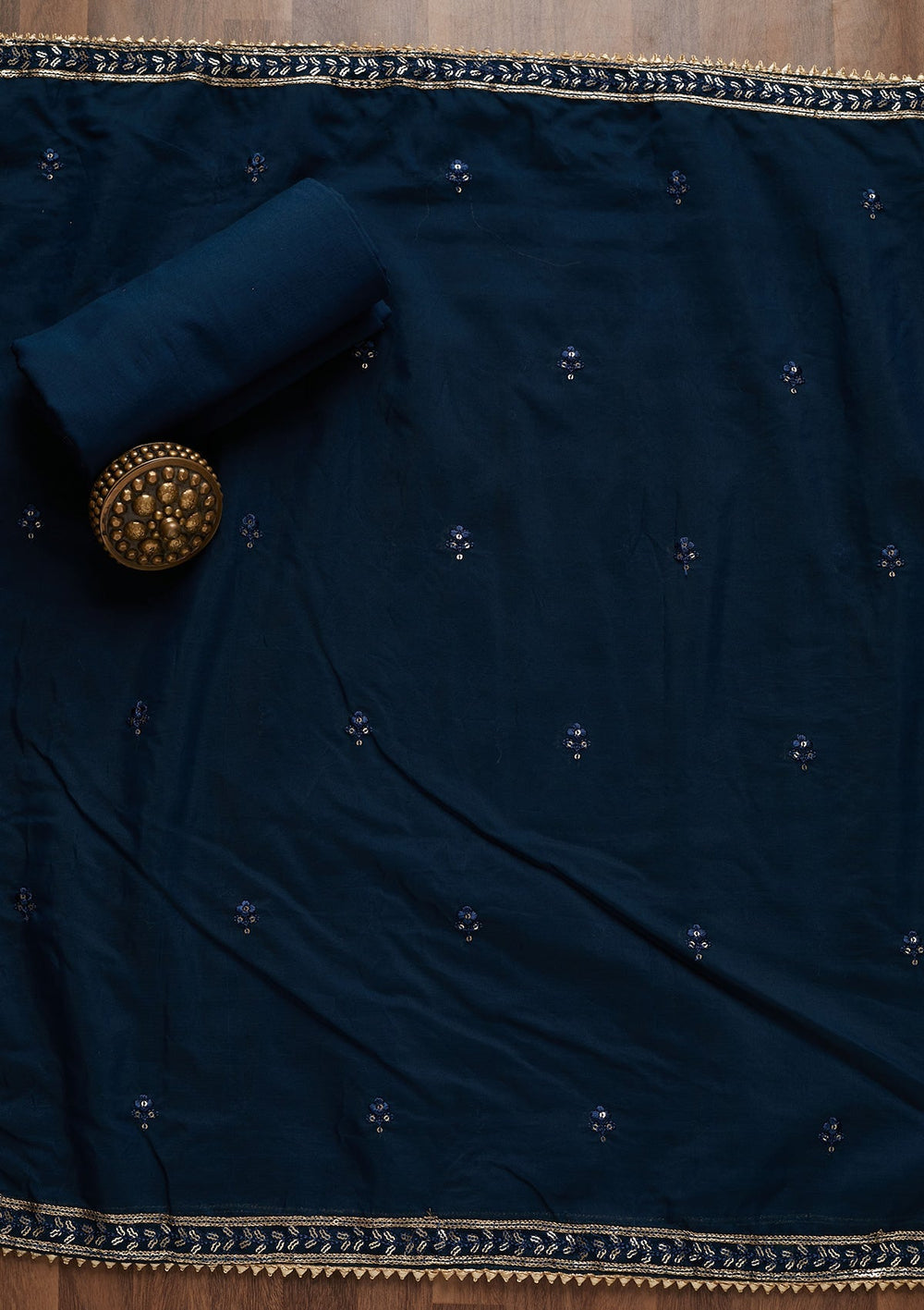 Peacock Blue Sequins Semi Crepe Semi-Stitched Salwar Suit - Koskii