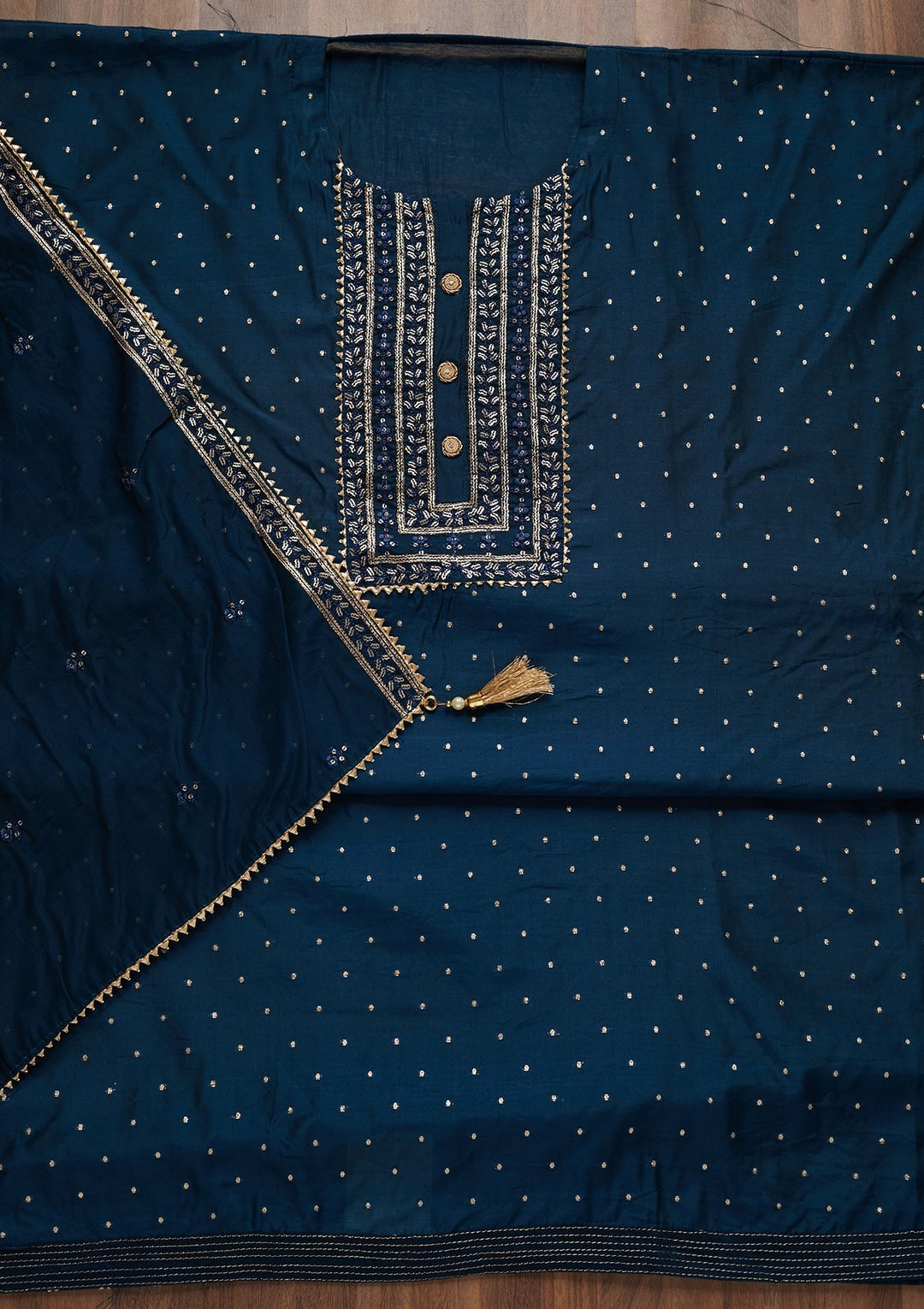 Peacock Blue Sequins Semi Crepe Semi-Stitched Salwar Suit - Koskii