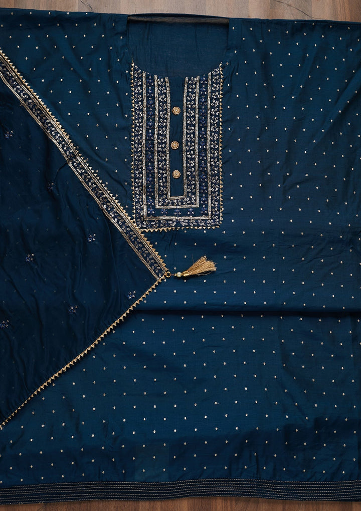Peacock Blue Sequins Semi Crepe Semi-Stitched Salwar Suit - Koskii
