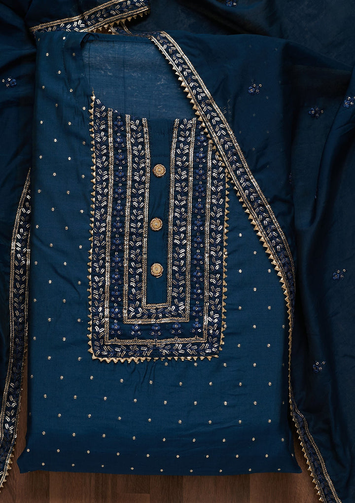 Peacock Blue Sequins Semi Crepe Semi-Stitched Salwar Suit - Koskii