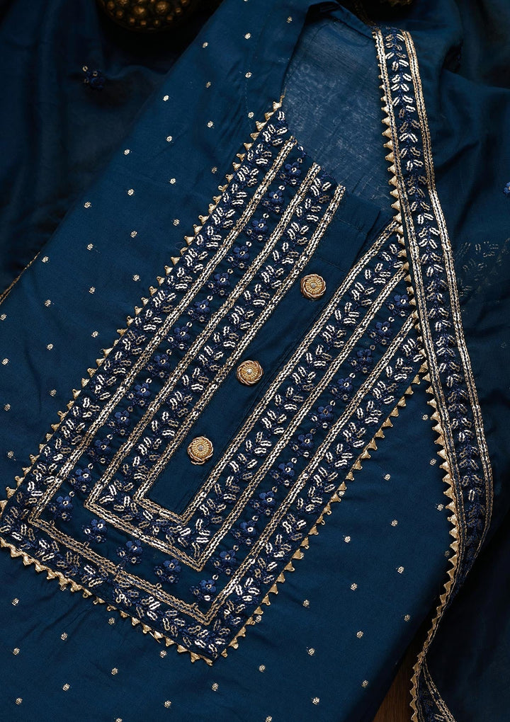 Peacock Blue Sequins Semi Crepe Semi-Stitched Salwar Suit - Koskii