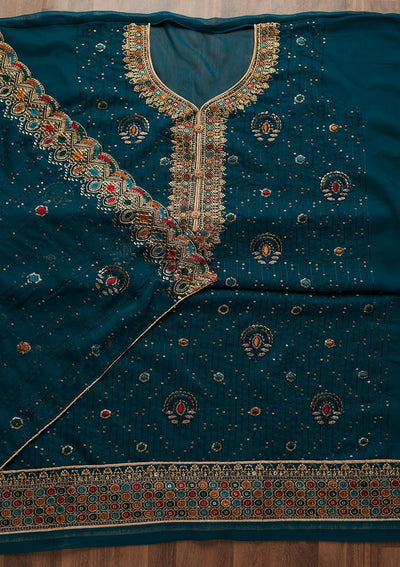 Peacock Blue Sequins Semi Crepe Semi-Stitched Salwar Suit - Koskii