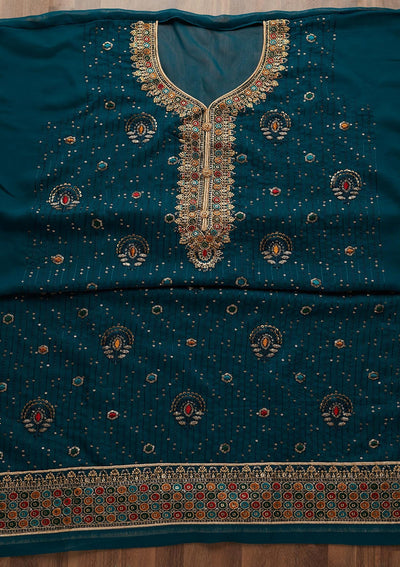 Peacock Blue Sequins Semi Crepe Semi-Stitched Salwar Suit - Koskii