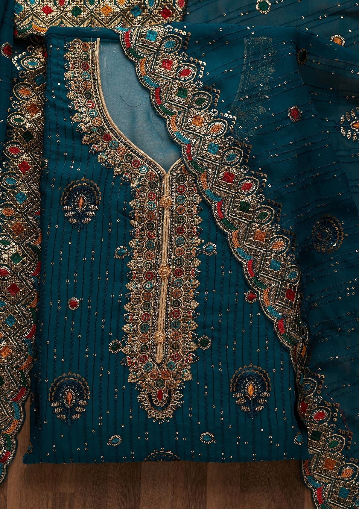 Peacock Blue Sequins Semi Crepe Semi-Stitched Salwar Suit - Koskii