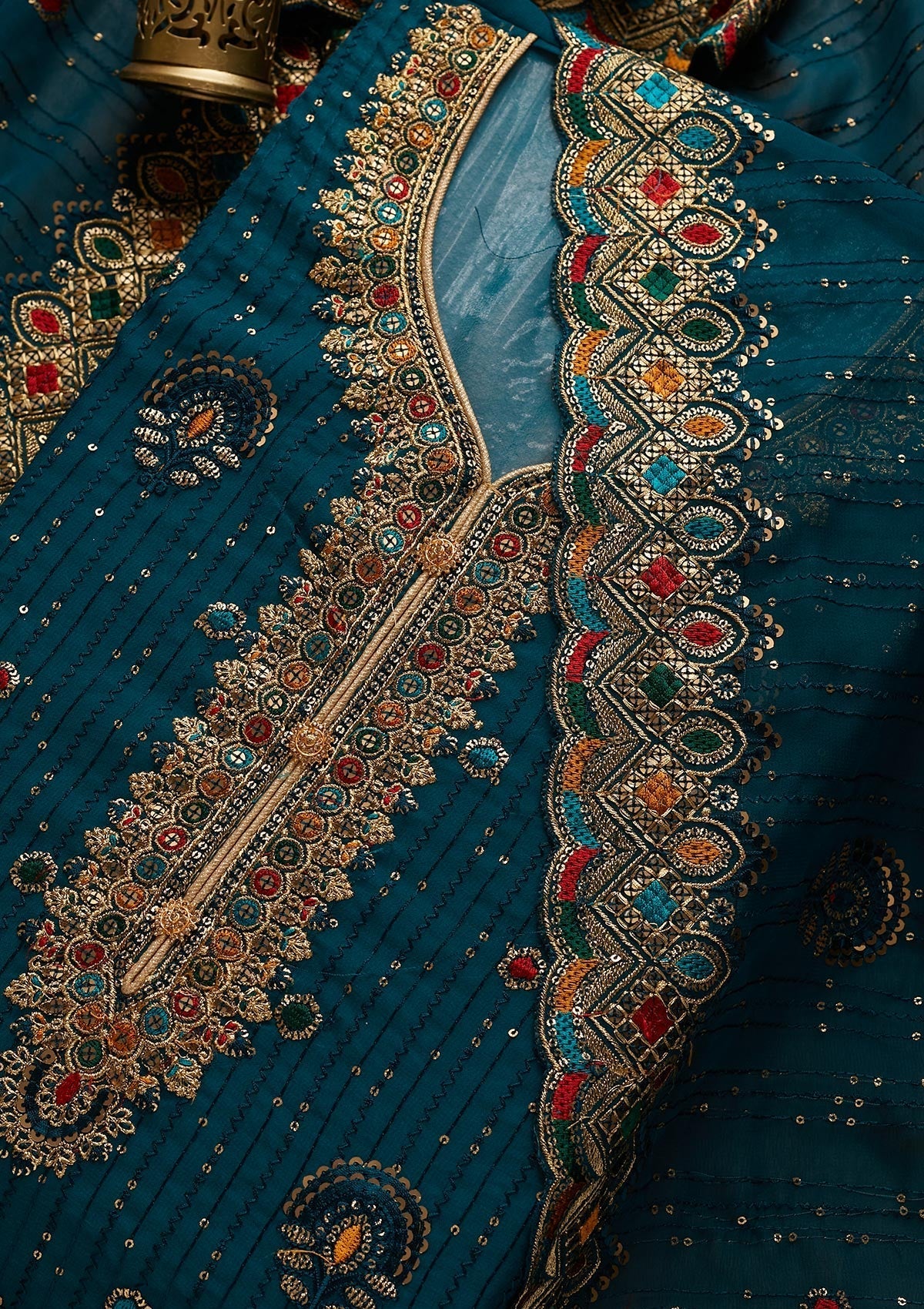 Peacock Blue Sequins Semi Crepe Semi-Stitched Salwar Suit - Koskii