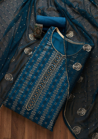 Peacock Blue Sequins Semi Crepe Unstitched Salwar Suit-Koskii