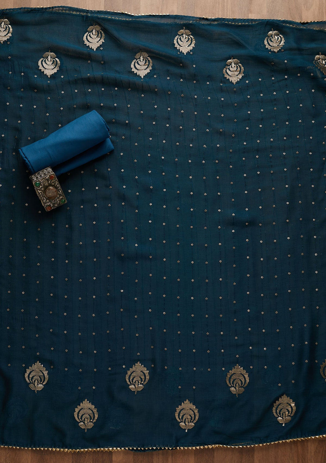 Peacock Blue Sequins Semi Crepe Unstitched Salwar Suit-Koskii