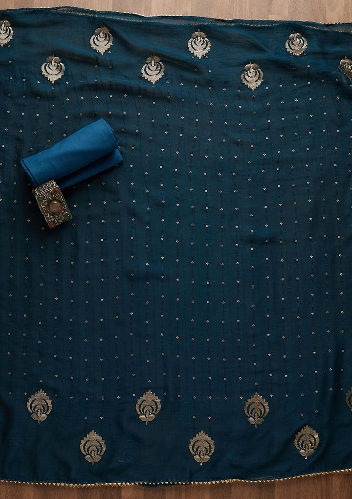 Peacock Blue Sequins Semi Crepe Unstitched Salwar Suit-Koskii