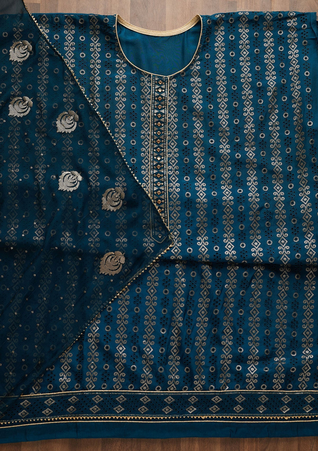 Peacock Blue Sequins Semi Crepe Unstitched Salwar Suit-Koskii