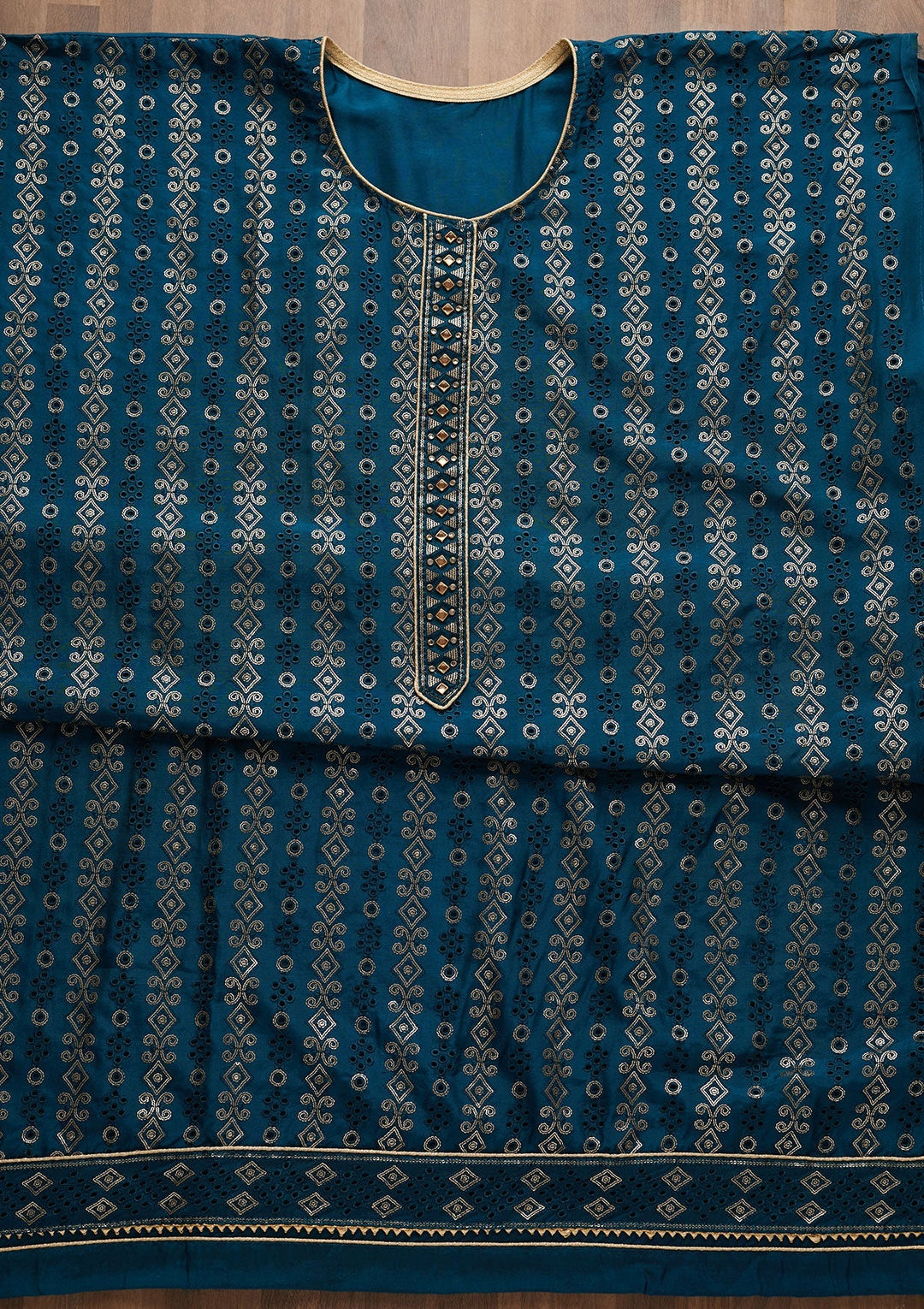 Peacock Blue Sequins Semi Crepe Unstitched Salwar Suit-Koskii