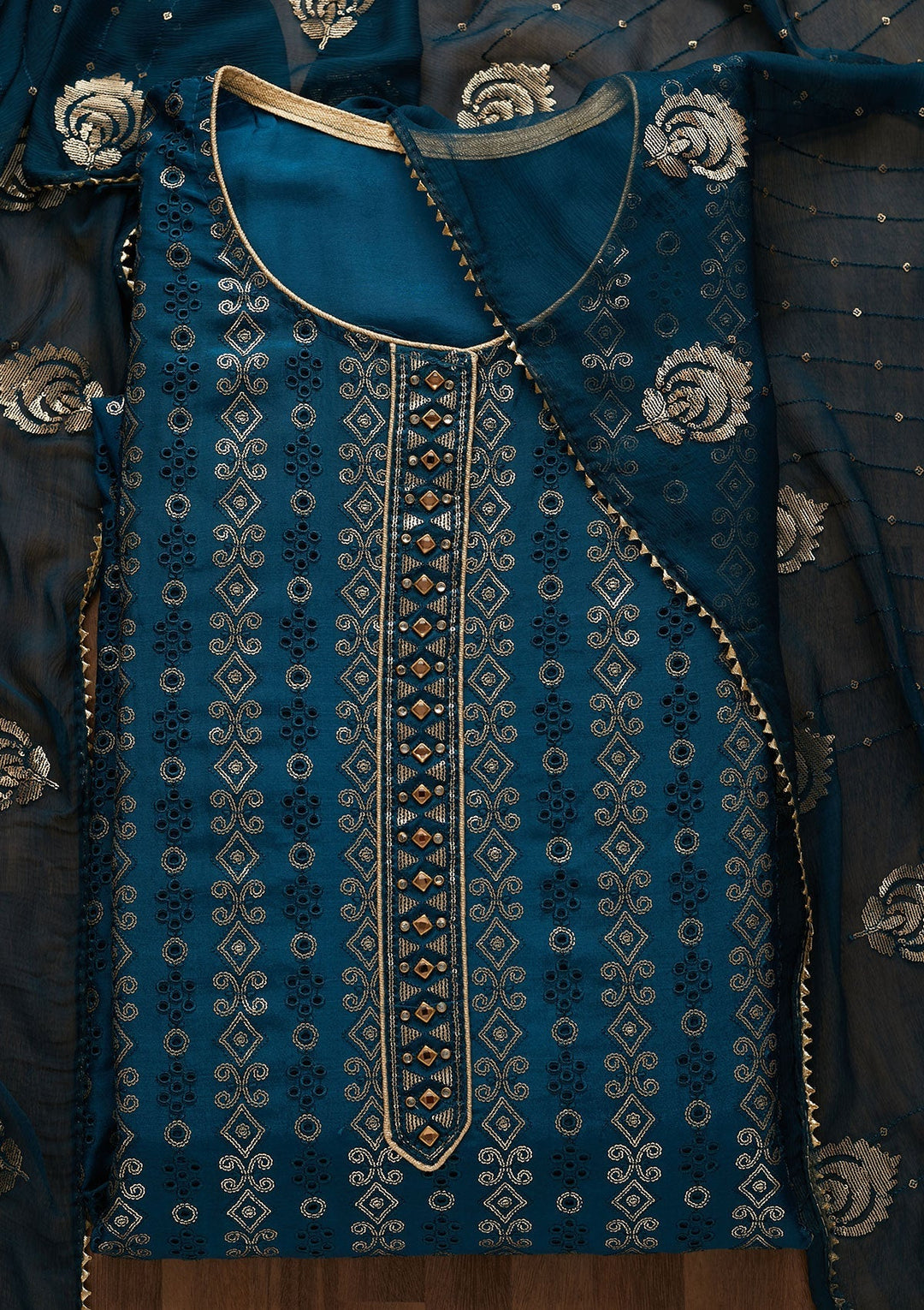 Peacock Blue Sequins Semi Crepe Unstitched Salwar Suit-Koskii