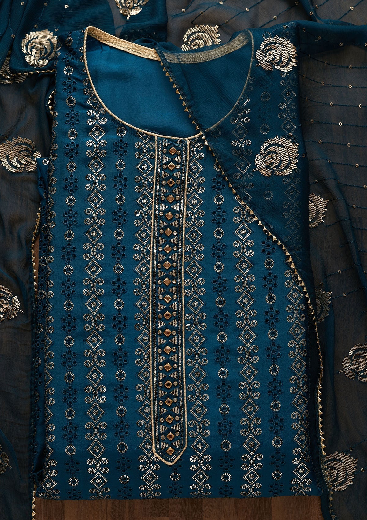 Peacock Blue Sequins Semi Crepe Unstitched Salwar Suit-Koskii