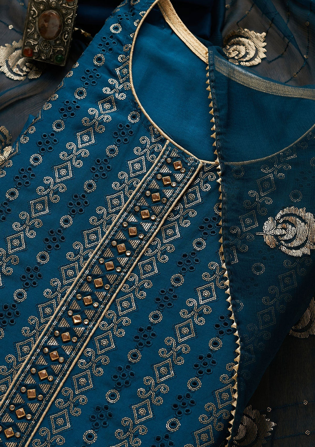 Peacock Blue Sequins Semi Crepe Unstitched Salwar Suit-Koskii