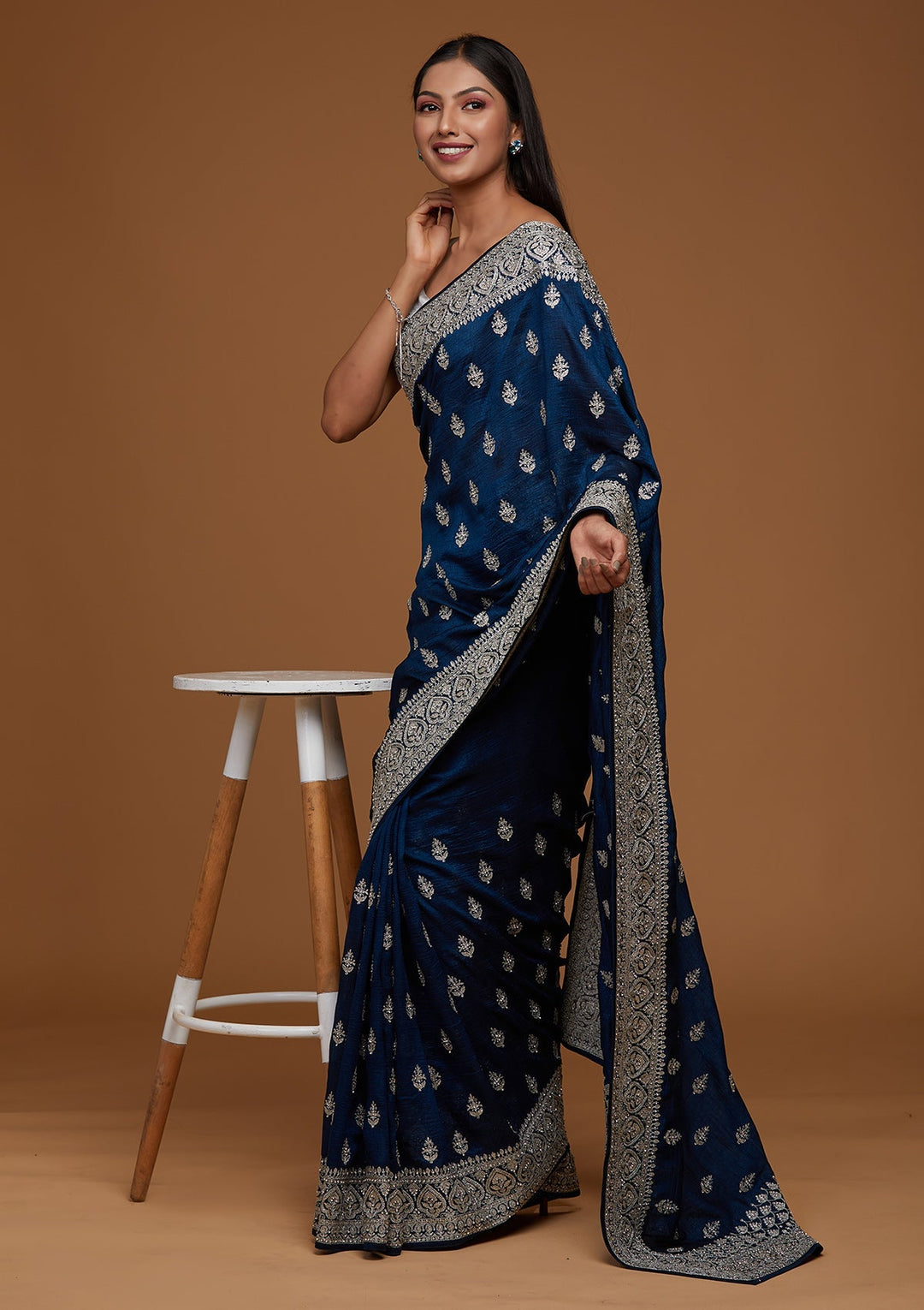 Peacock Blue Silver Stonework Raw Silk Saree - Koskii