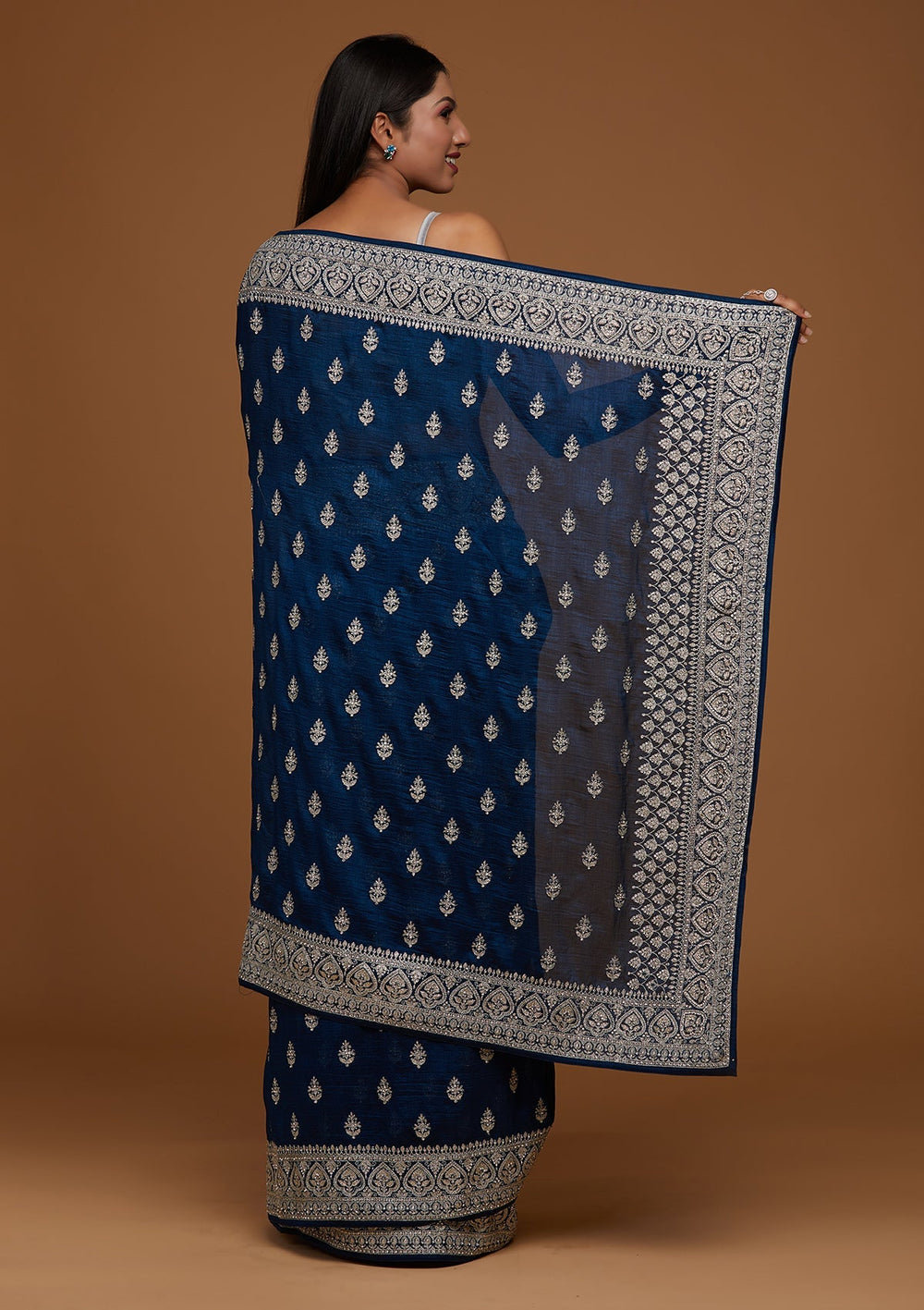 Peacock Blue Silver Stonework Raw Silk Saree-Koskii