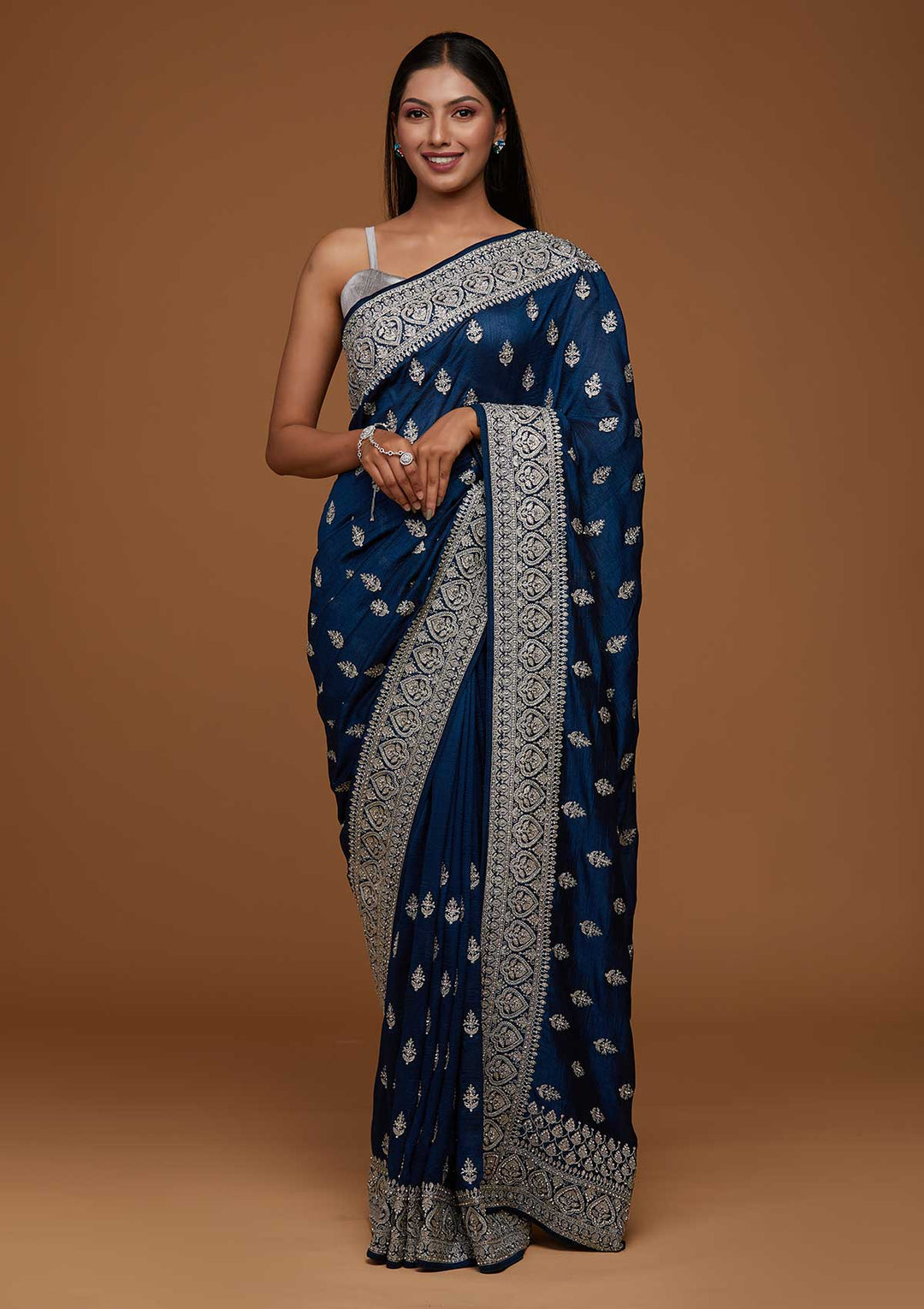 Peacock Blue Silver Stonework Raw Silk Saree-Koskii