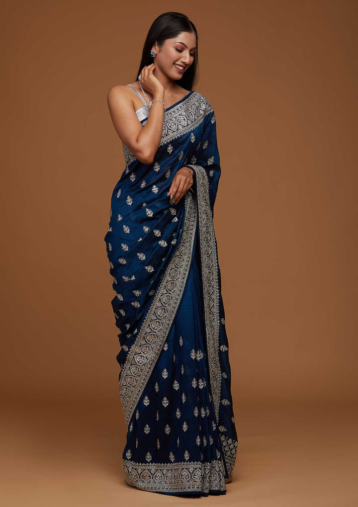 Peacock Blue Silver Stonework Raw Silk Saree-Koskii
