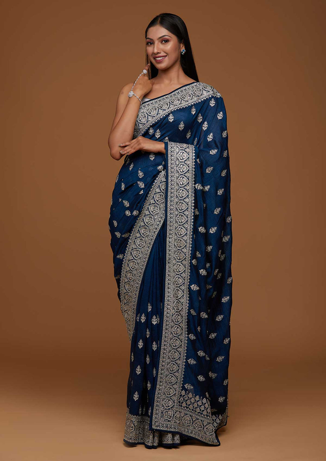 Peacock Blue Silver Stonework Raw Silk Saree-Koskii