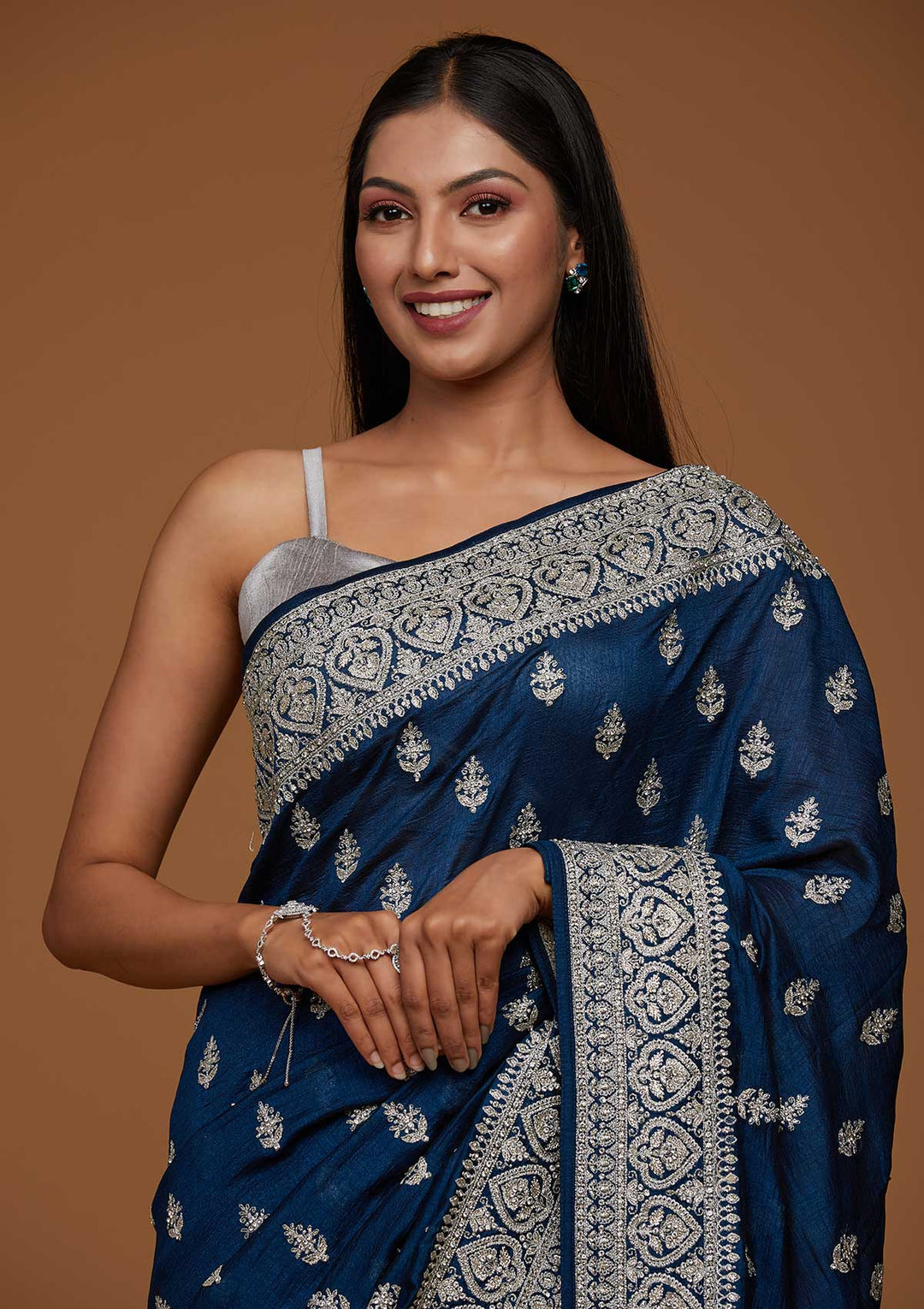 Peacock Blue Silver Stonework Raw Silk Saree-Koskii
