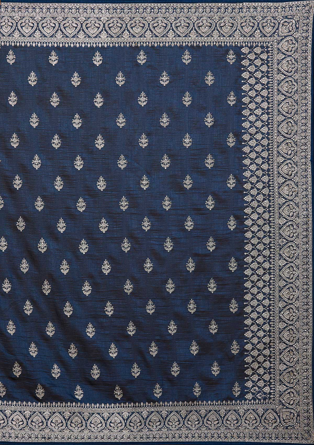 Peacock Blue Silver Stonework Raw Silk Saree-Koskii