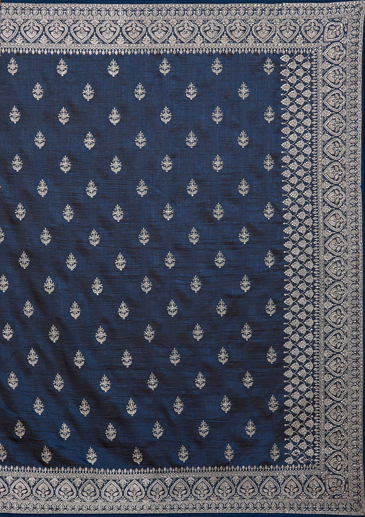 Peacock Blue Silver Stonework Raw Silk Saree-Koskii