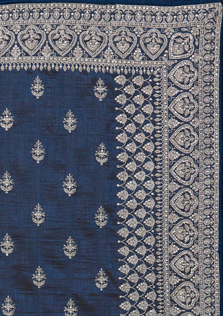 Peacock Blue Silver Stonework Raw Silk Saree-Koskii
