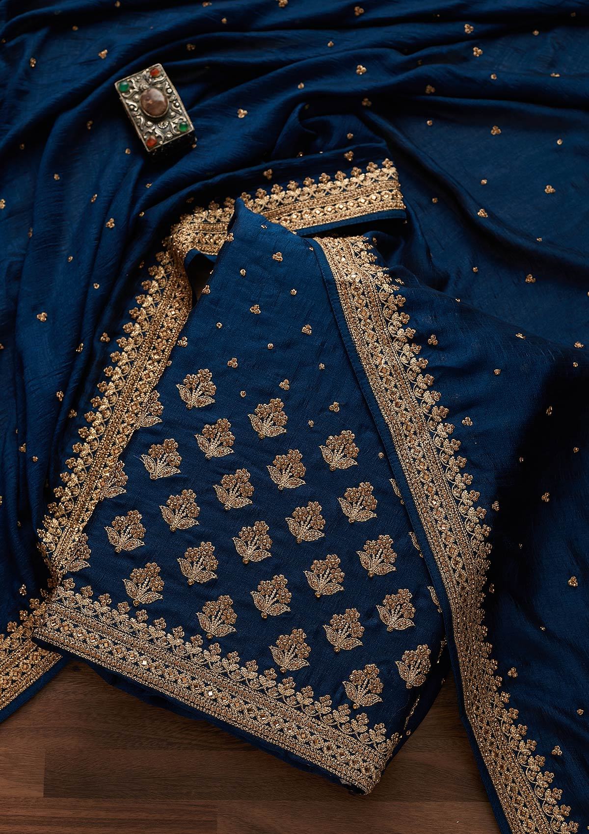 Buy Peacock Blue Stonework Georgette Unstitched Salwar Suit - Koskii